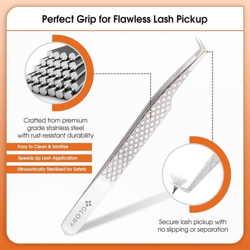 Glory 90 Degree Angle Lash Tweezers for Eyelash Extensions – Precision Fiber Tip Diamond Grip Stainless Steel Lash Tool for Mega Volume, Classic & Professional Lash Tech Supplies