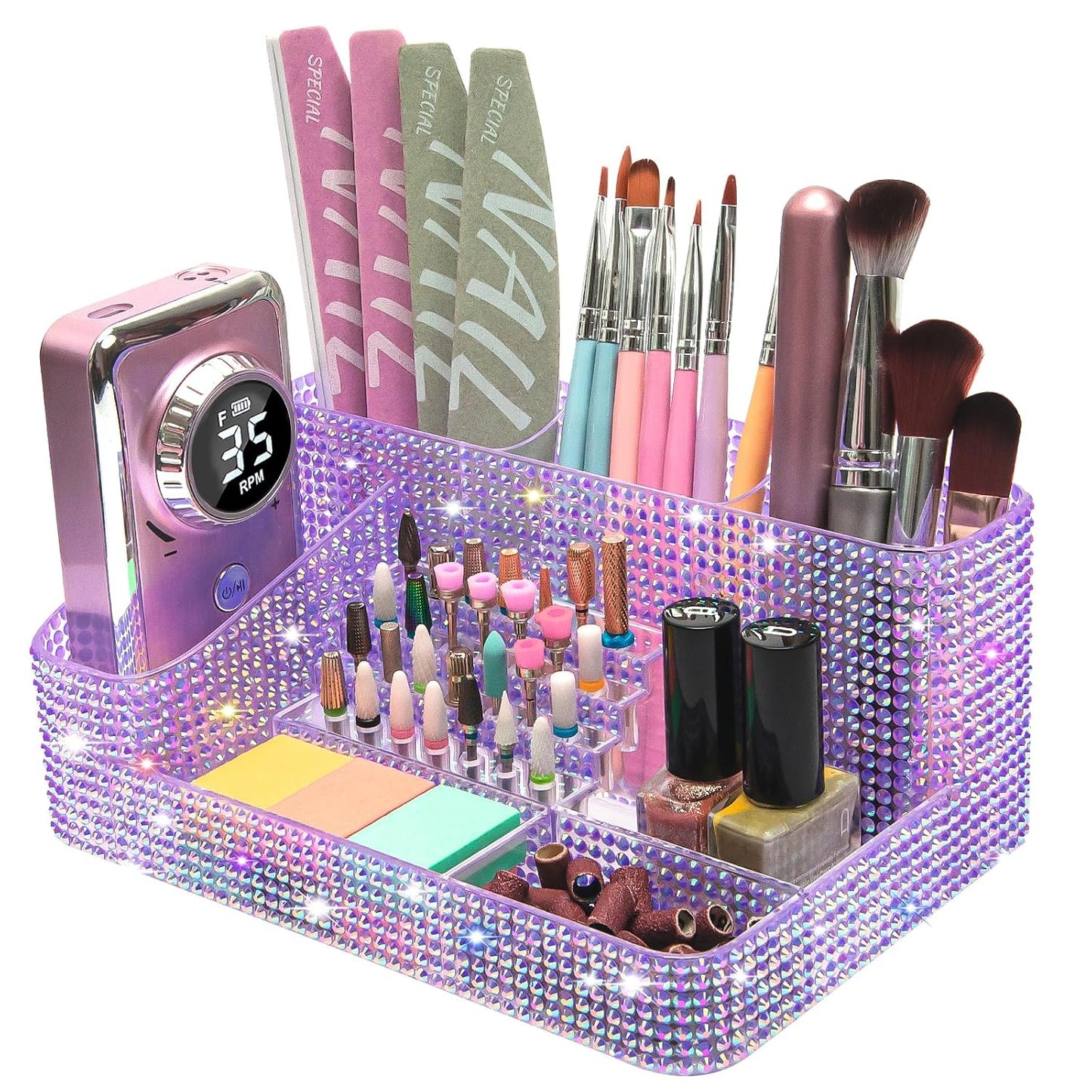 Nail Drill Holder - 28 Holes Bit Organizer for Nail Techs | Bling White Design