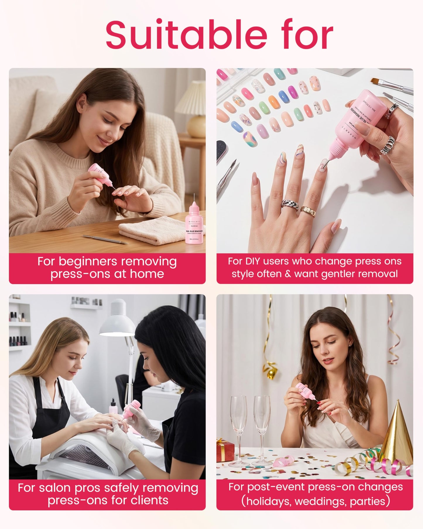 Makartt Jojoba Oil Nail Glue Remover for Press On Nails, Acetone-Free, Gentle At-Home Remover for Regular Glue, Semi and Solid Glue Gel, 30ML Kit with Pusher, Stick and Mini Buffer,Hema-Free