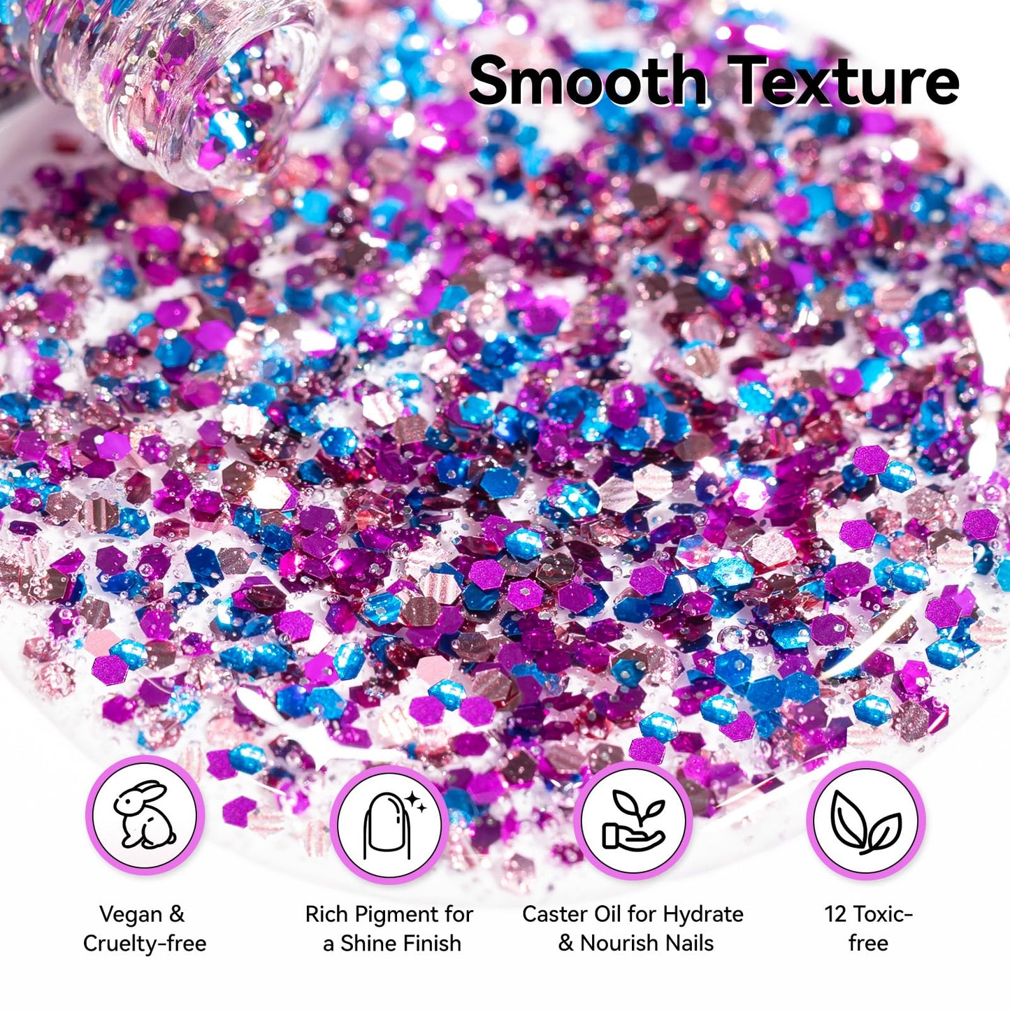 Nailshion Confetti Nail Polish, Purple Blue Rose Gold Glitter Sparkle Nail Polishes with Hexagon Glitter, Rich in Castor Oil, Air Dry No Need U/V Lamp, Iridescent Geometric Nails Art Home DIY Gift