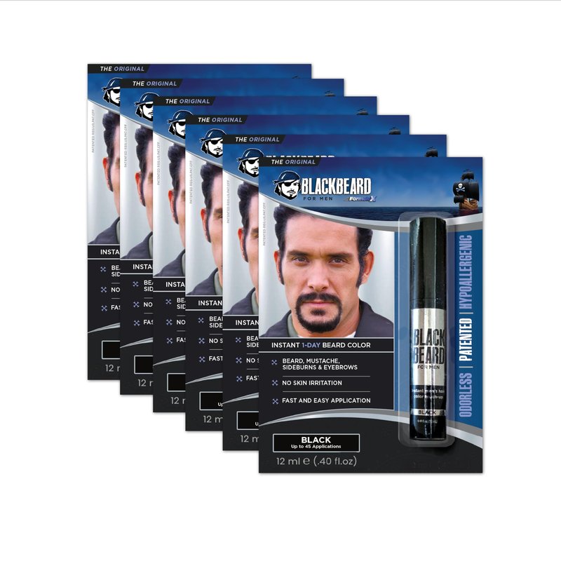 Blackbeard for Men Beard Color – 1-Day Beard, Mustache, Eyebrow, Sideburns Color – Temporary Facial Hair Tint - Hypoallergenic Beard Dye Alternative – Up to 45 applications – Black, 6 Pack