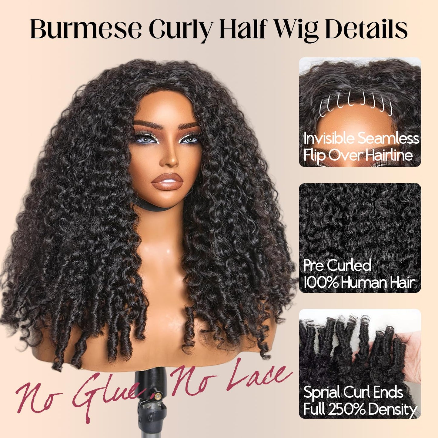Burmese Curly Half Wig - 250% Density 100% Human Hair | Glueless 16 Inch for Black Women