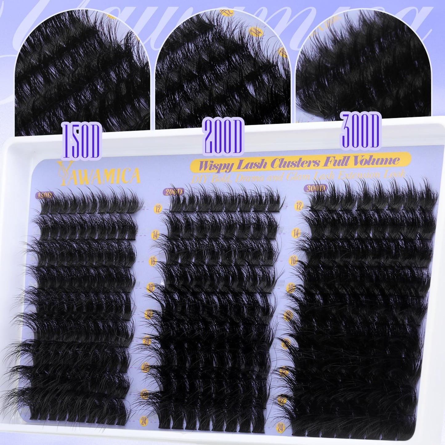 Fluffy Lash Clusters Kit 150D+200D+300D Thick Volume Cluster Eyelash Extensions 12-25mm Dramatic Long Eyelash Clusters Kit Wispy D Curl Cluster Lashes with Bond and Seal Lash Tweezers by Yawamica