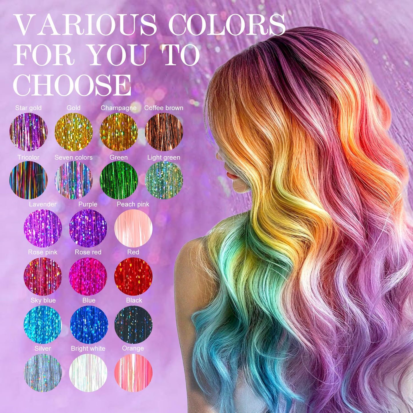 Hersun Glitter Hair Tinsel Kit 20 Colors 6300 Strands 48in With Tools
