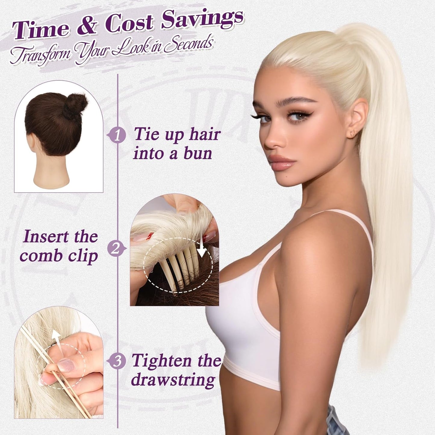 Platinum Blonde Straight Drawstring Ponytail Extension - 28 Inch Soft Synthetic Hairpiece for Daily Wear | Natural Look
