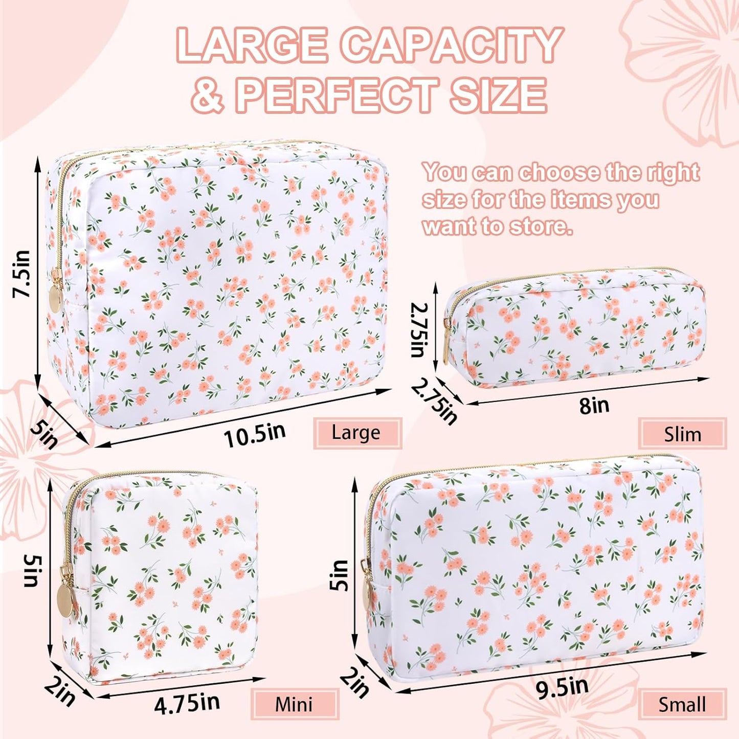 Waterproof Mini Floral Makeup Bag - Nylon Travel Pouch for Women | Cute Zipper Toiletry Organizer (Mini White-Flowers)