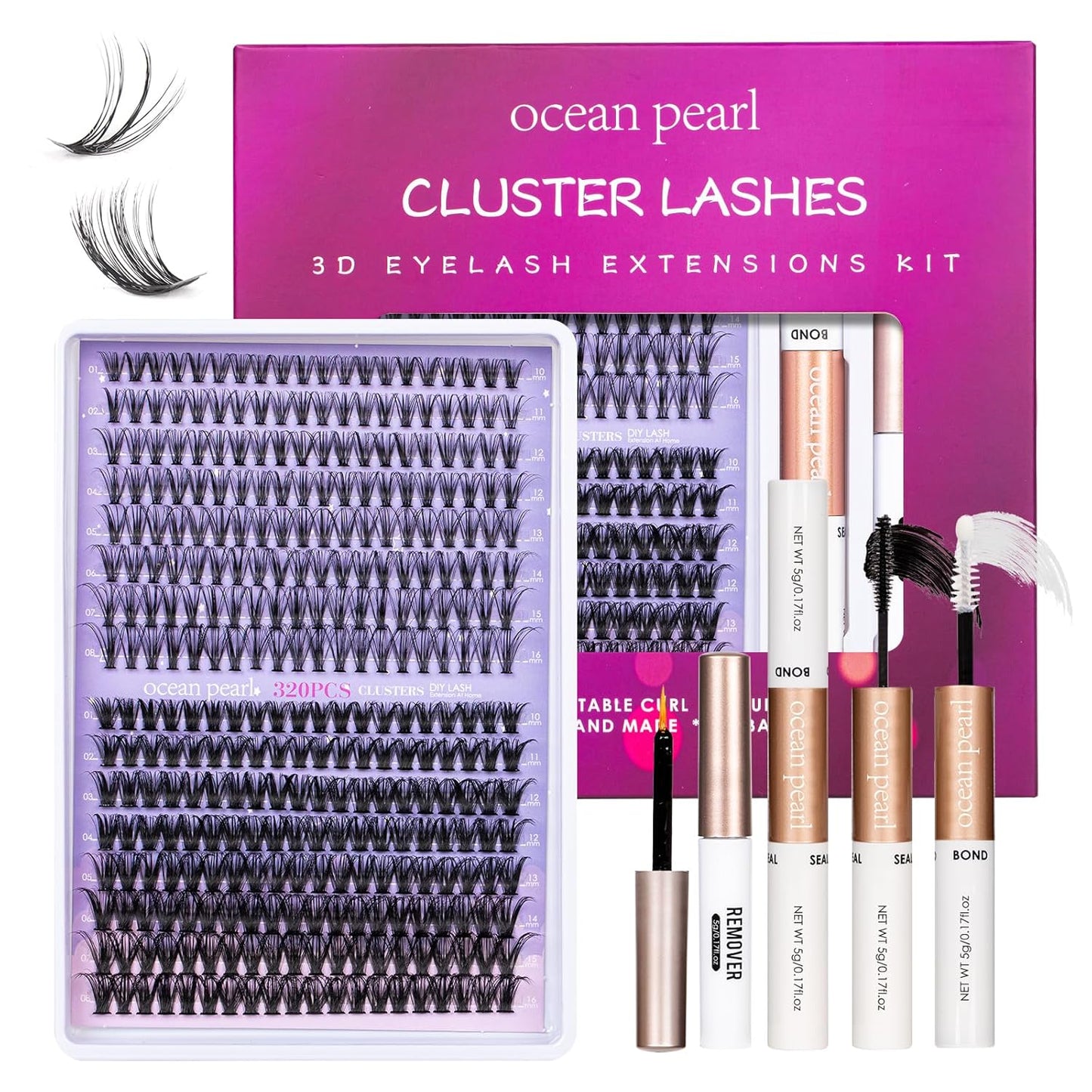 Ocean Pearl Lash Clusters - 320 Pcs 11-20mm Eyelash Extension Kit | 40D, 50D, 100D with Adhesive & Tweezers