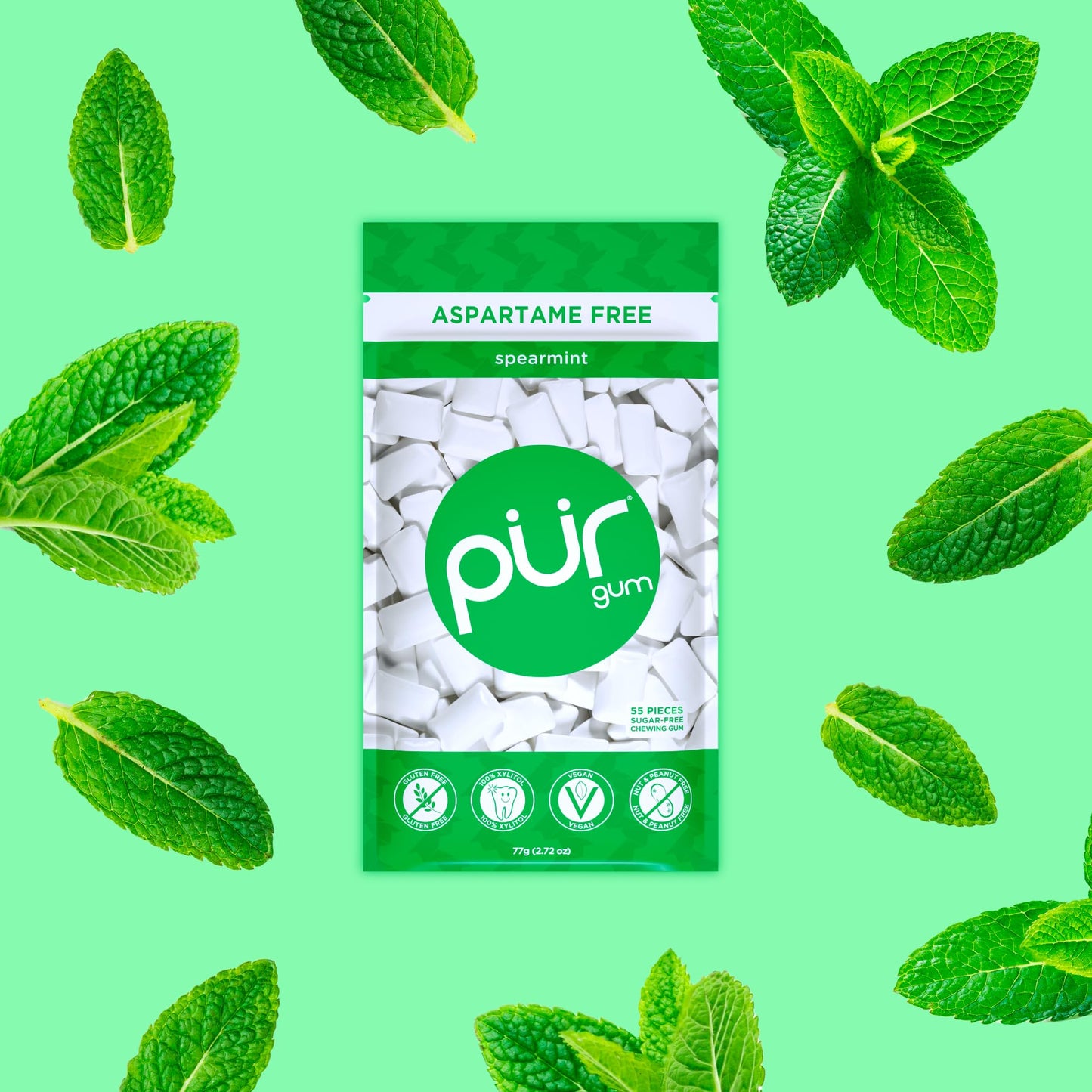 PUR Gum, Spearmint, Xylitol Gum, No Artificial Flavor, 55 Count