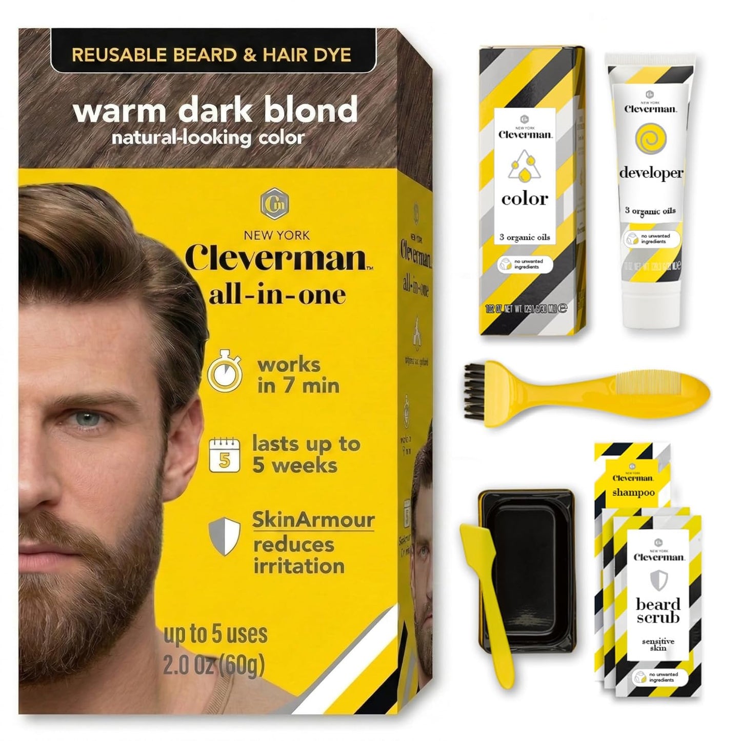 Reusable Hair & Beard Dye for Men - Medium Brown | Natural Gray Coverage, No-Drip Cream, Up to 5 Uses