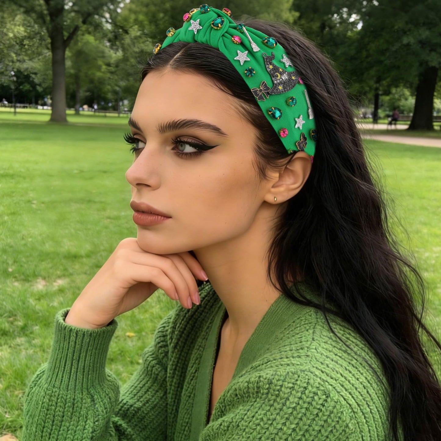 Amariver Wicked Headband for Women – Knotted Green Headband with Witch Charms & Rhinestones for Halloween & Everyday Glam