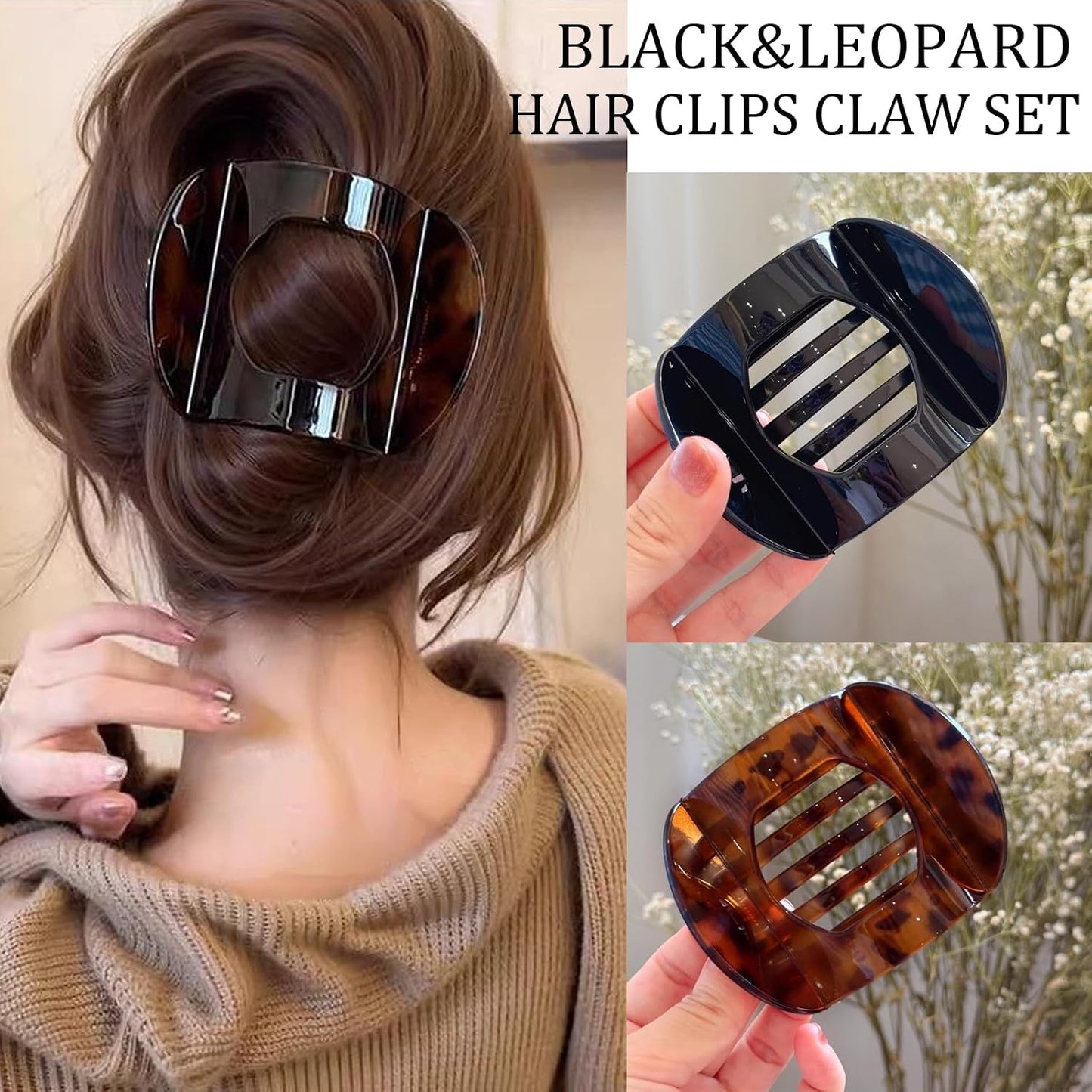 Large Flat Hair Clips - 4 Pcs Black Leopard Claw Clips for Strong Hold | Comfortable for Thick & Thin Hair