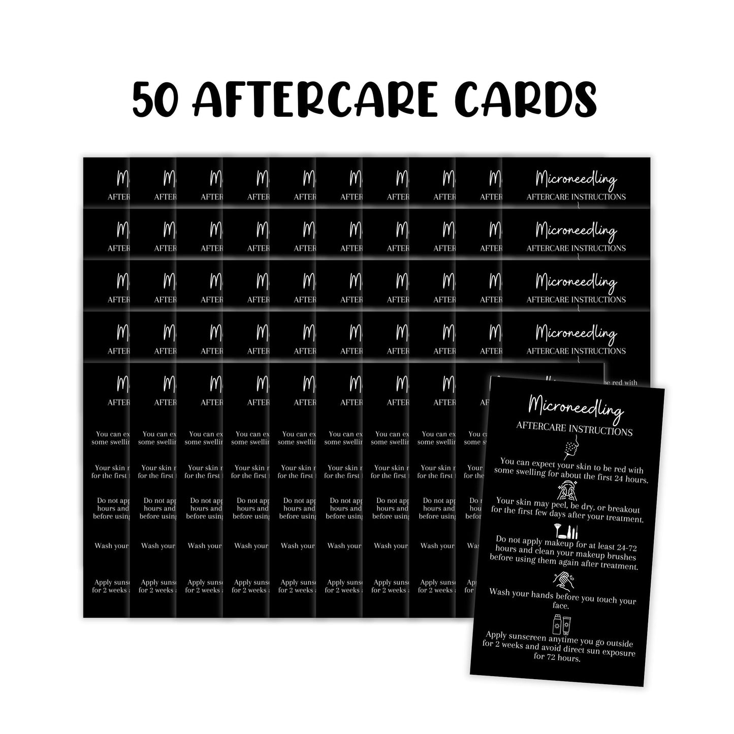 Boutique Marketing LLC Microneedling Aftercare Cards | 50 Pack | Size 2x3.5” inches Business Card Size | Microneedle Black with White Font and Icons Design