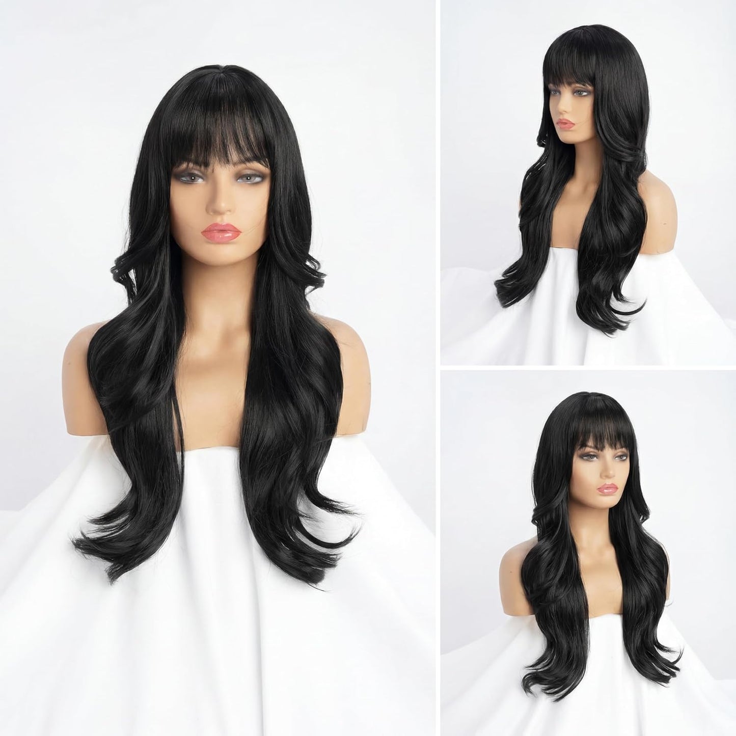 Long Black Wig with Bangs - Medium Length Wavy Layered Style | Heat Resistant Synthetic Hair (28 Inches)