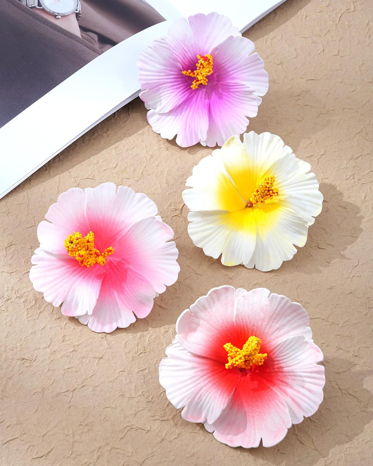Hawaiian Flower Hair Clips - 4Pcs Vibrant Orchid & Hibiscus Duckbill Clips | Boho Tropical Style for Summer Beach Vacations (Hibiscus-Red, Yellow, Purple)