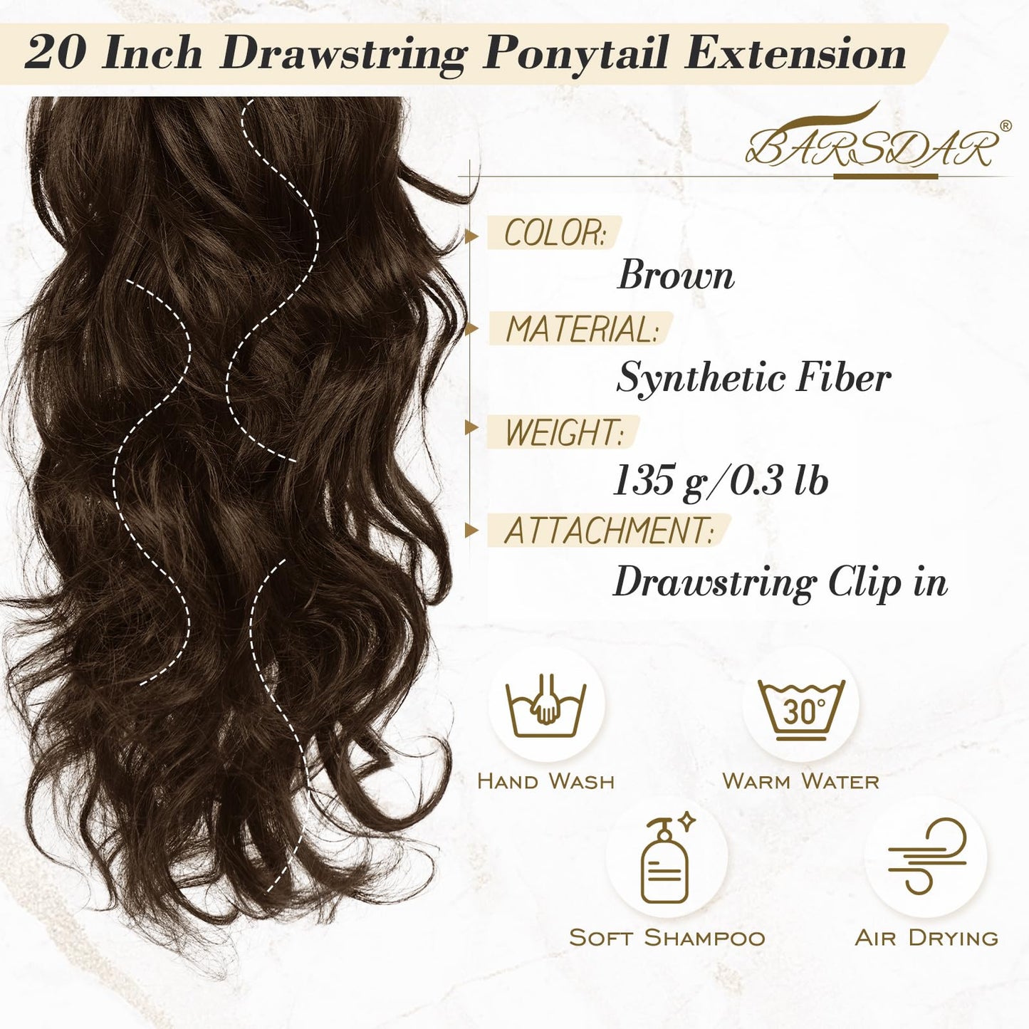 BARSDAR Brown Wavy Curly Ponytail Extension - 20 Inch Drawstring Hair Extensions for Women - Synthetic Clip in Pony Tails Hairpieces Fake Ponytails Daily Party