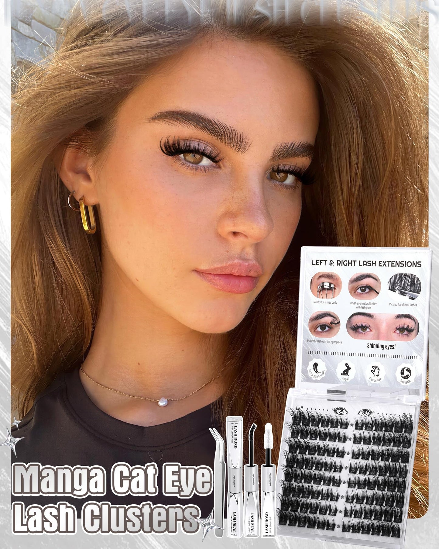 Cat Eye Lash Clusters Kit Manga Eyelash Cluster Kit Cat Eye Lashes Wispy Cluster Eyelash Extensions Pre-Mapped Anime Cat Eye Individual Lashes Kit With Lash Bond&Seal, Lash Tweezers 10-18MM by Zegaine