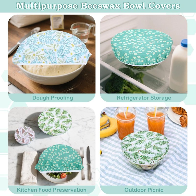 Revahope 5-Size Reusable Beeswax Bowl Covers for Bread Proofing, Cotton Cloth Flexible Beeswax Wraps for Food Storage(Green Leaves)