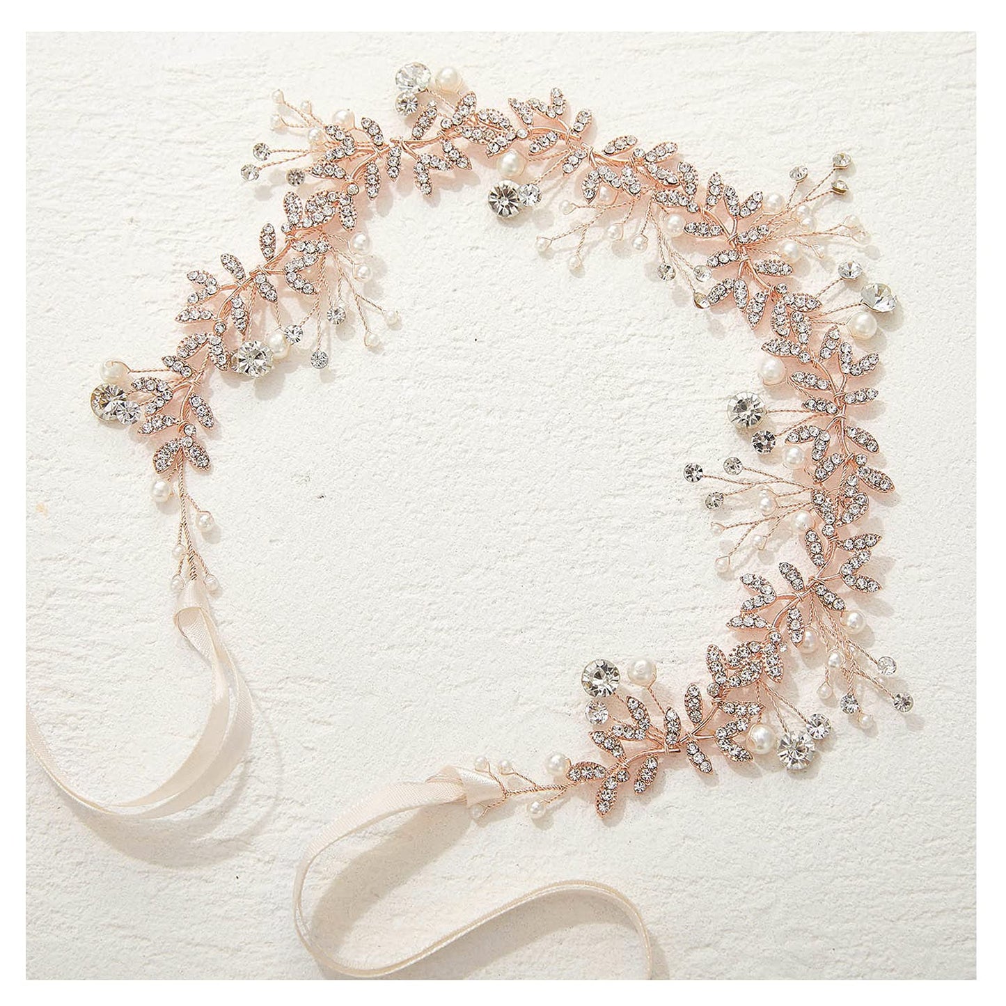 SWEETV Crystal Bridal Headpieces for Brides Rose Gold Wedding Hair Accessories Bride Headband Pearl Hair Vine Rhinestone Hair Pieces for Women