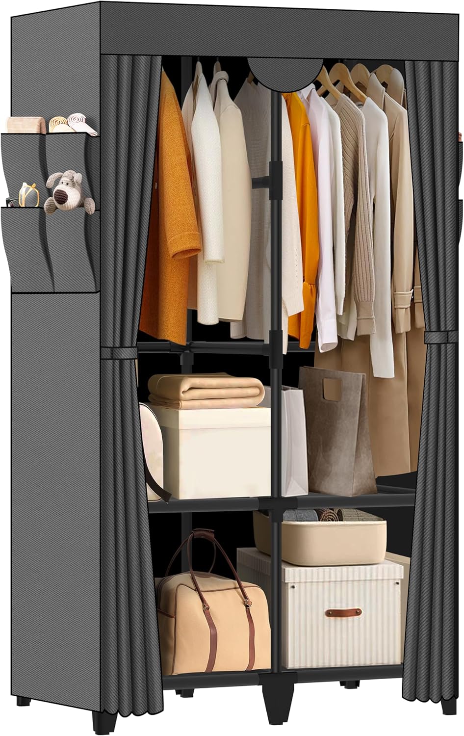 Portable Wardrobe Closet - Easy Assembly Black Clothes Rack with 2 Hanging Rods | 4 Shelves & 8 Pockets for Bedroom or Dorm