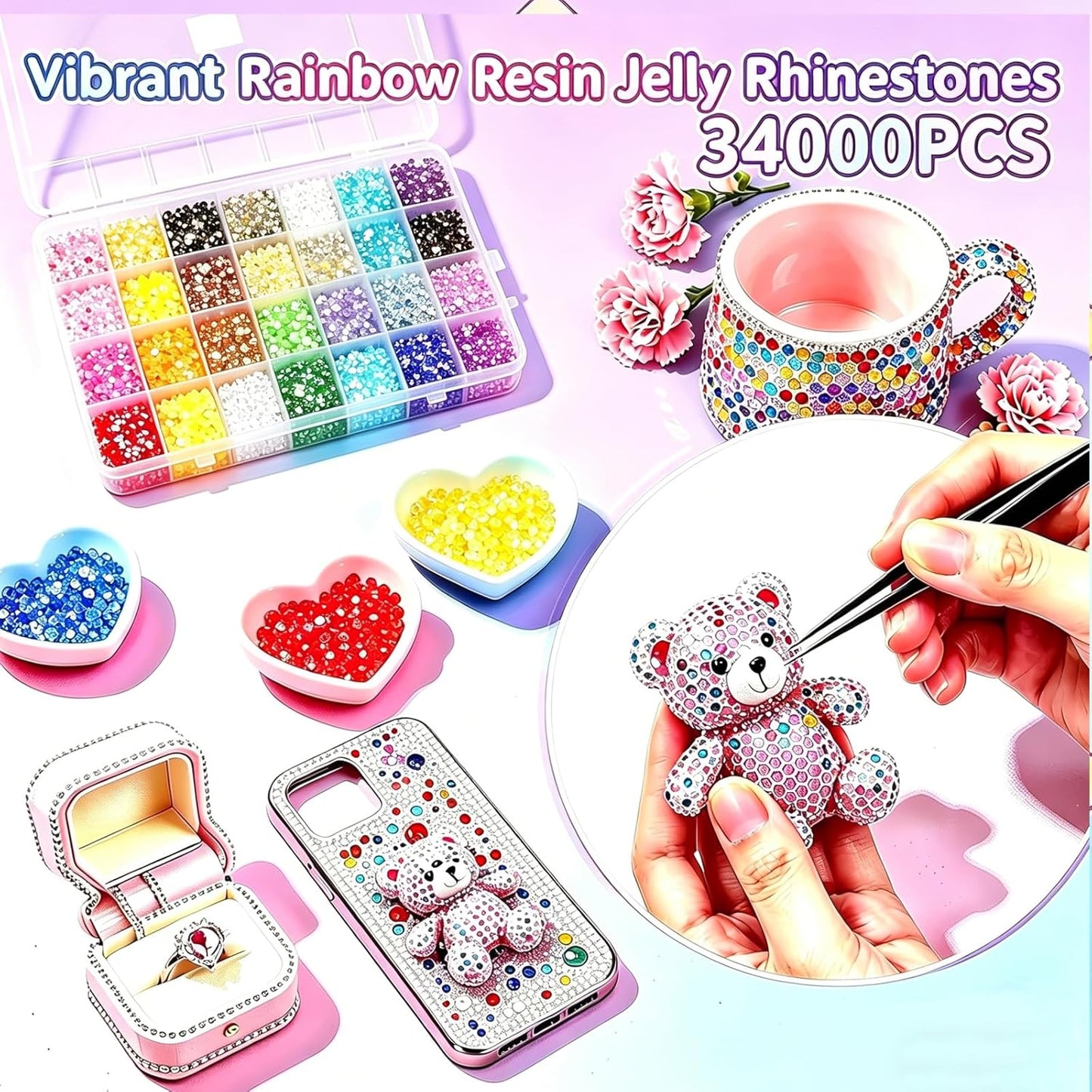 Jelly Resin Rhinestones Kit - 34,000 PCS 28 Colors Flatback Gems with B7000 Glue | Perfect for Bedazzling Crafts, Nail Art & DIY Projects