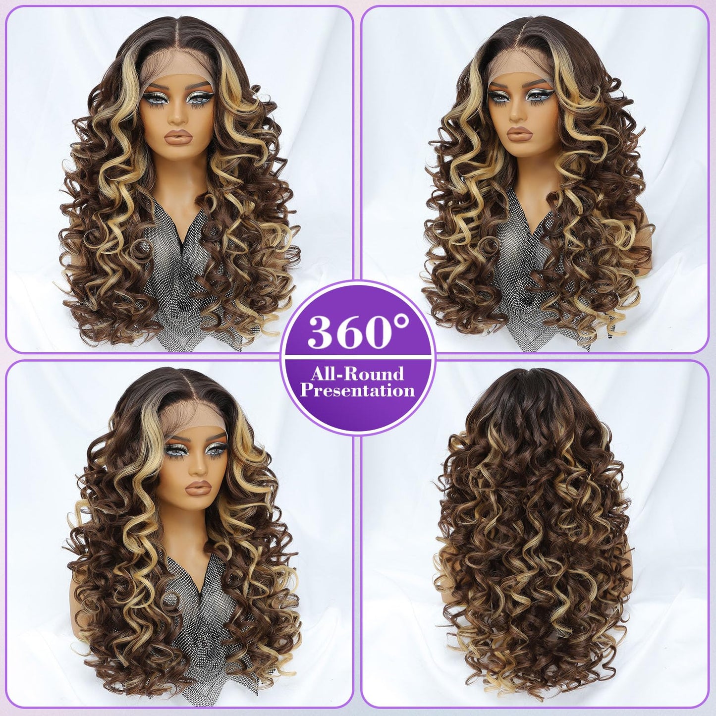 Felek Honey Blonde Wig Long Synthetic Loose Wave Lace Front Wigs for Black and White Women Ombre Brown 13x6 HD Transparent Lace Frontal Wigs Pre Plucked Wear and Go Glueless Curly Wig 24 inch P4/27