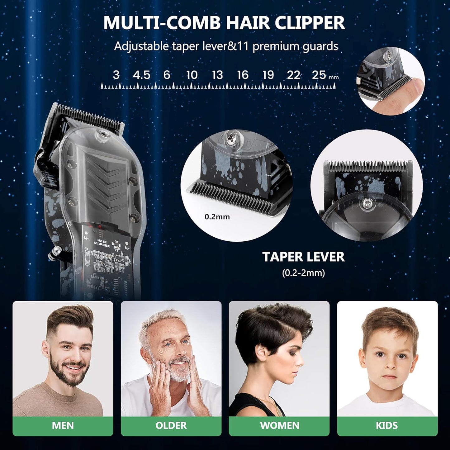 Professional Hair Clippers for Men - Cordless Barber Kit with LED Display | 8 Fade Taper Combs, Black