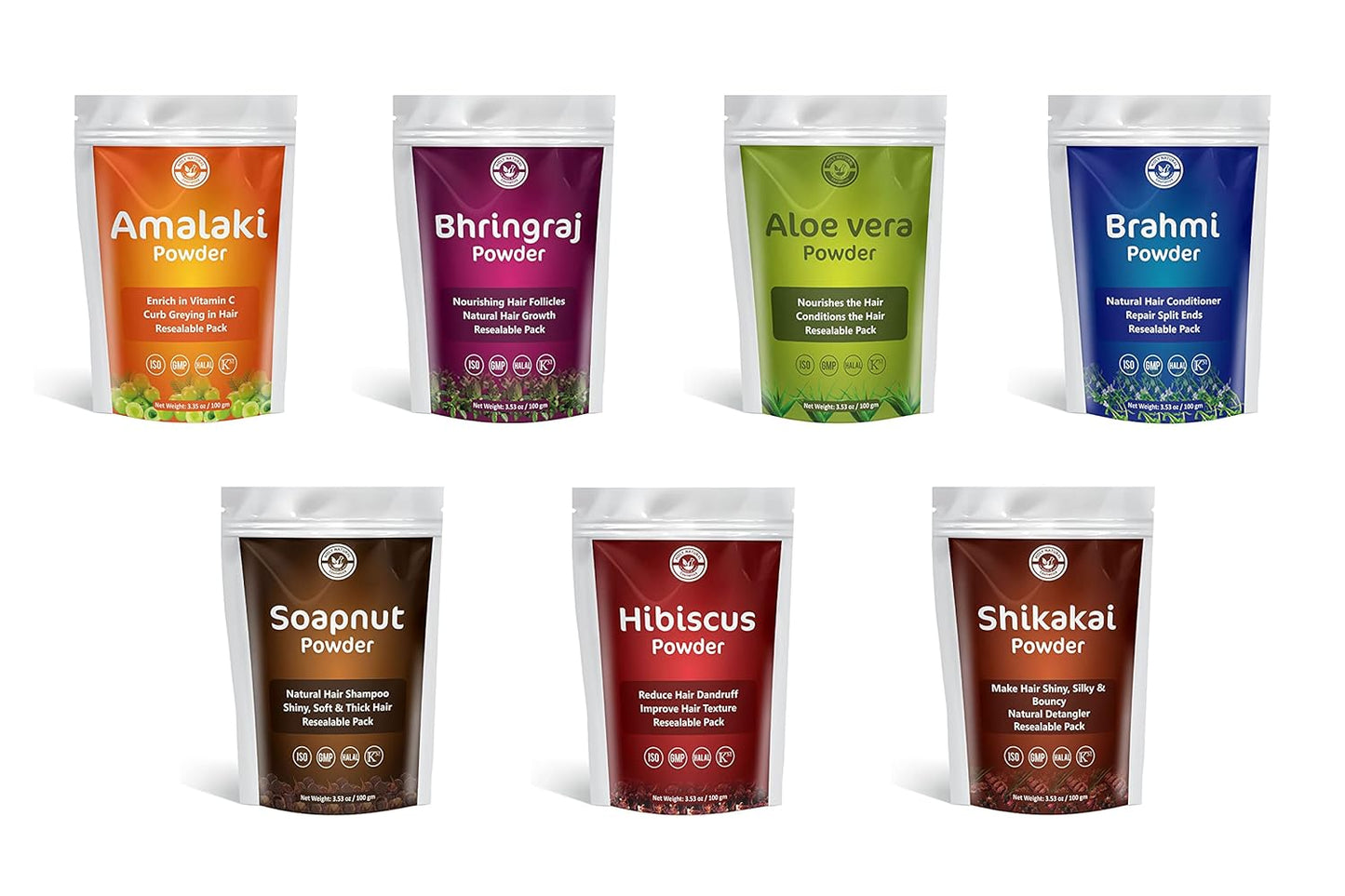 Herbal Hair Growth Powder - 7 Herbal Hair Mask Combo with Amalaki, Bhringraj, Aloe Vera & More | 100g Each, Resealable Pack