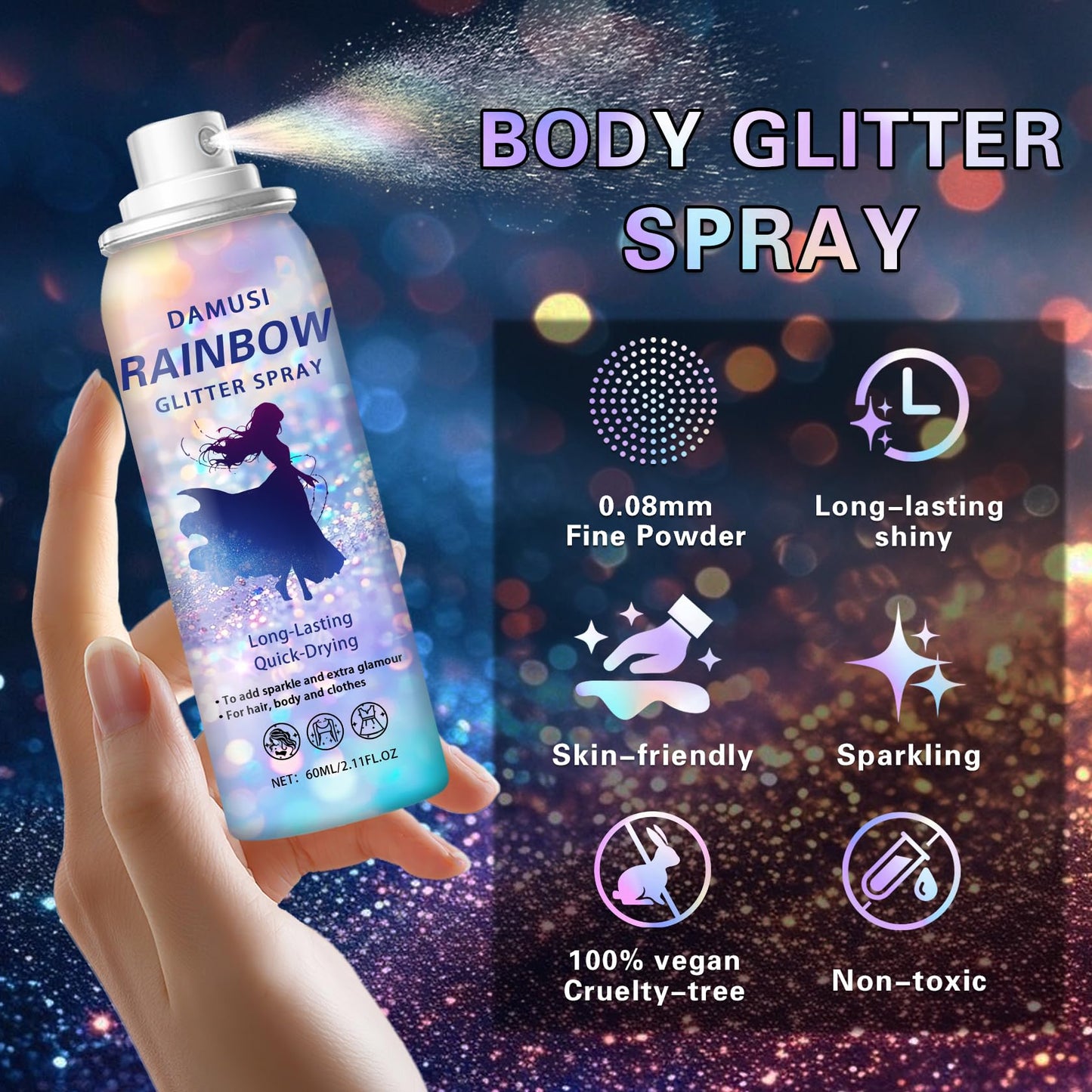 DAMUSI Silver Body Glitter Spray, Shiny Hair and Body Glitter Spray for Clothes, Holographic Glitter Hairspray Quick-Drying Long-Lasting Shimmer Highlighter Powder for Festival Concert Party Rave Prom