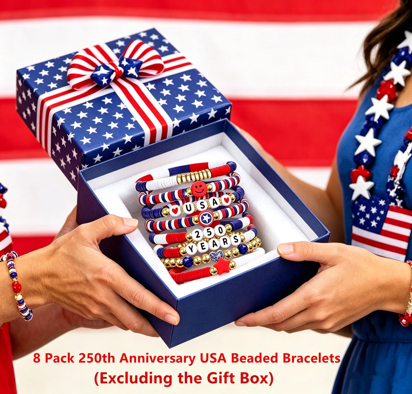 Go Ho 8 Pack 250 Anniversary USA Bracelets,4th of July Outfits Shirts Accessories for Women,Patriotic Red White and Blue Stackable Bracelets Set with USA,250 YEARS,Star&Smile Charms