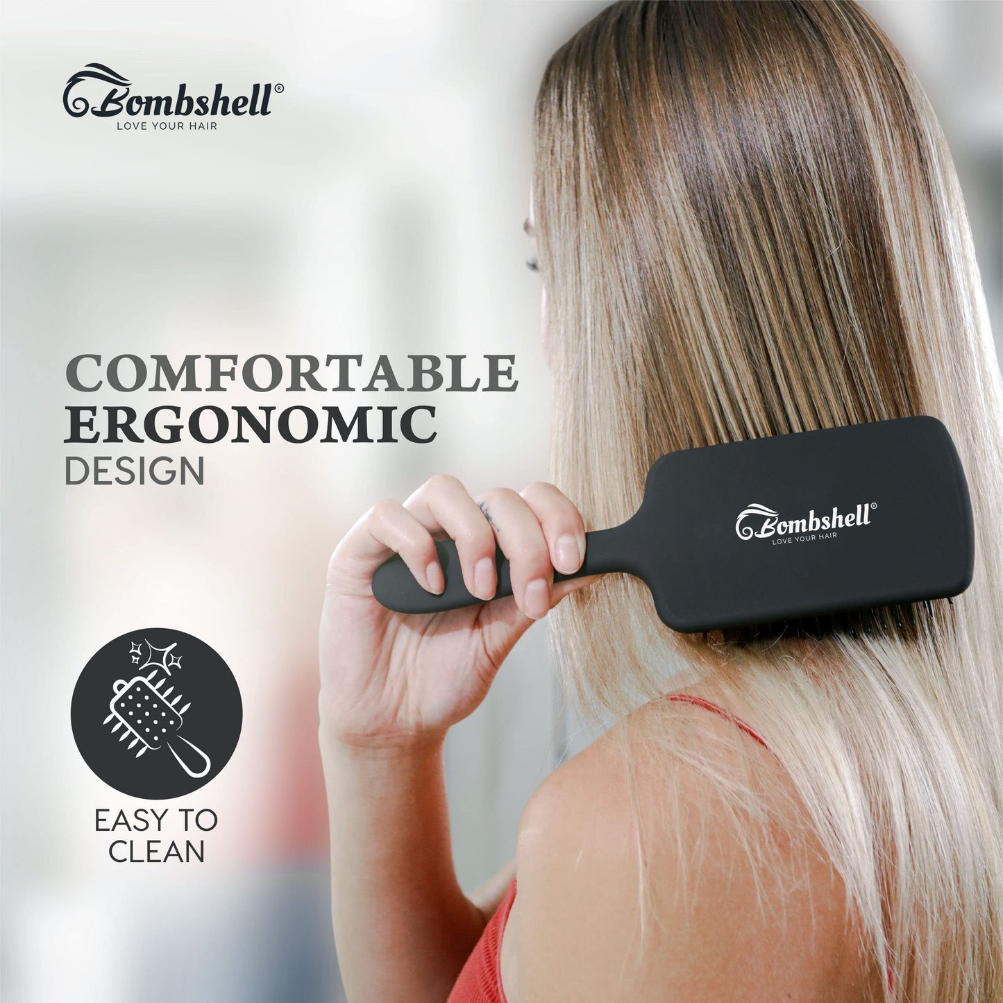 Bombshell Static-Free Cushioned Hair Brush — Finest Bristles, Soft Touch, Anti-Slip for Blow Drying, Styling, Straightening (Large)