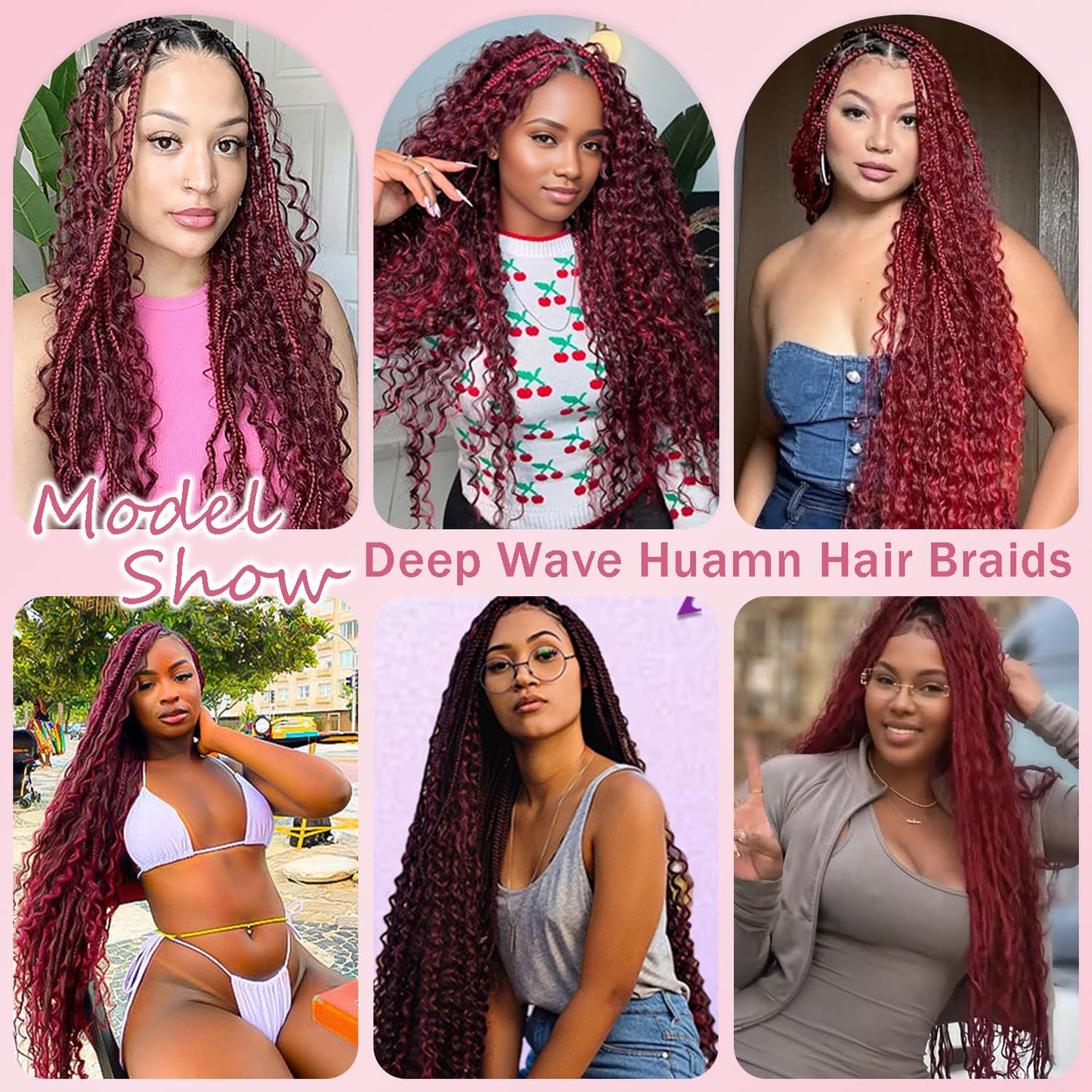 #99J Burgundy Human Braiding Hair for Boho Braids 150g 3 Bundles 24 24 24 Inch Wine Red Deep Wave Bulk Hair #99J Curly Human Hair Extensions for Braids Wet and Wavy Braid