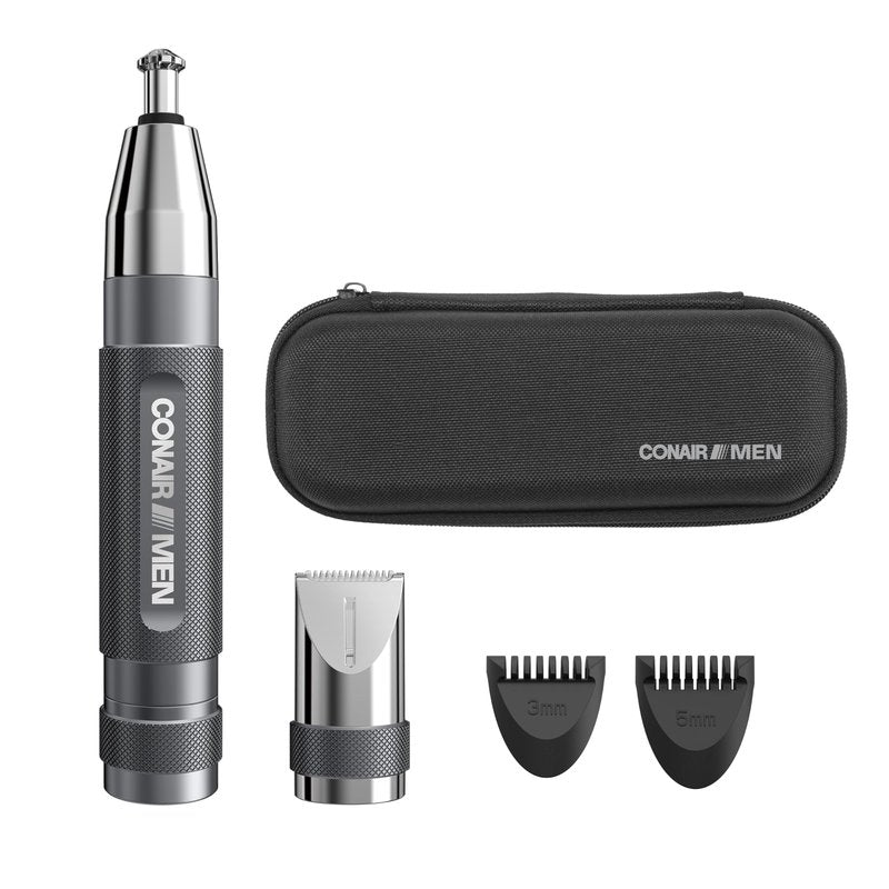 Conair Men Ear, Nose and Eyebrow Trimmer, Patented 360° Bevel Blade for No Pulls, Nicks or Cuts Guaranteed, Nose Hair Trimmer for Men, Non-Slip Grip, 5-Piece Kit with Travel Case