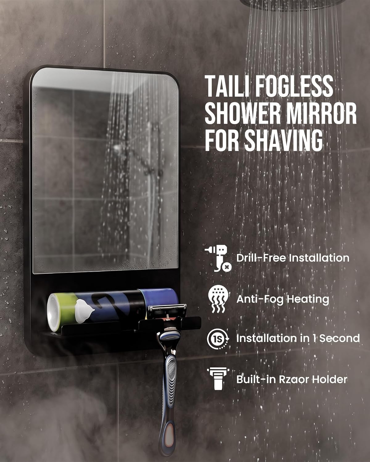 Fogless Shower Mirror for Shaving - Suction Cup, Removable & Shatterproof | Anti-Fog Bathroom Accessory, Black