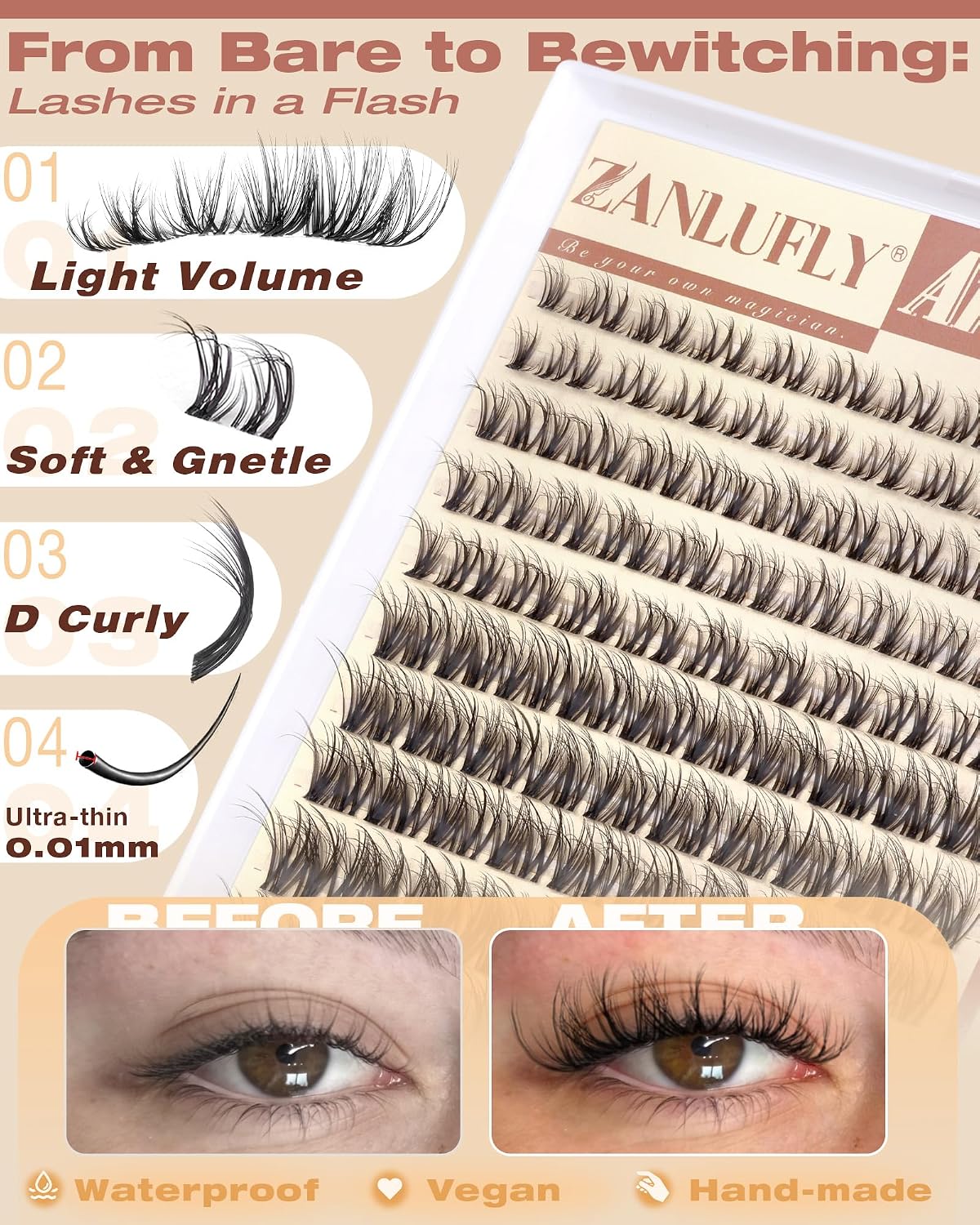 Spider Lash Clusters - Natural Wispy Eyelash Extensions | Light & Fluffy 8-16mm D Curly Lashes