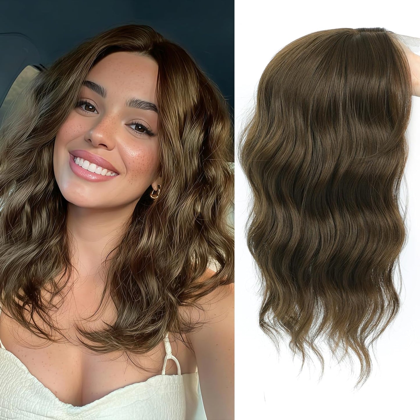 Hair Topper for Women - 16 Inch Synthetic Curly Wavy Clip-In with Curtain Bangs | Auburn Brown Volume Boost