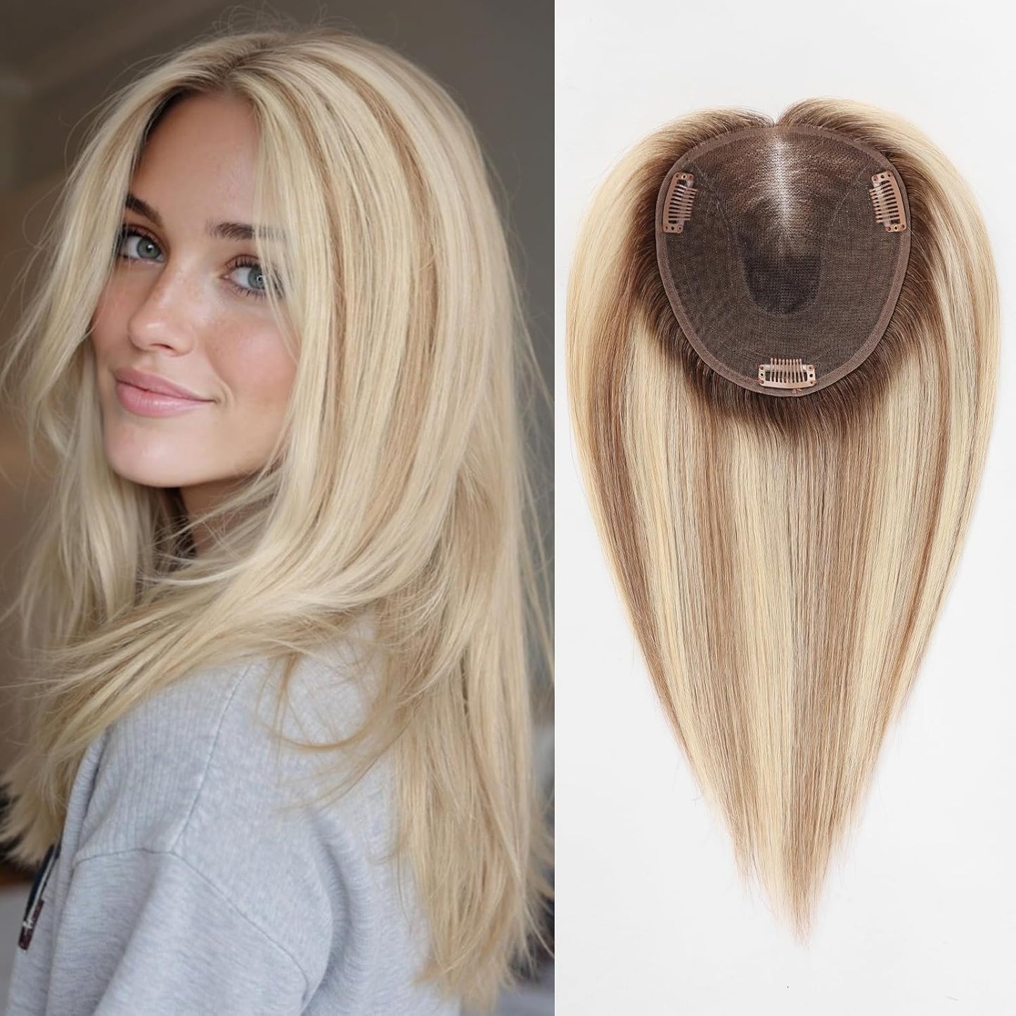 Real Human Hair Toppers for Women - 14-Inch Mixed Brown with Bangs | 6" x 5" Swiss Lace Base