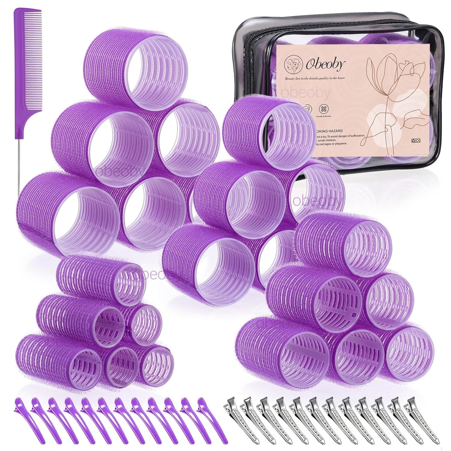 Self-Grip Hair Rollers Set - 50 Pcs Jumbo Curlers for Long & Short Hair | Includes Clips, Black (25mm-60mm)
