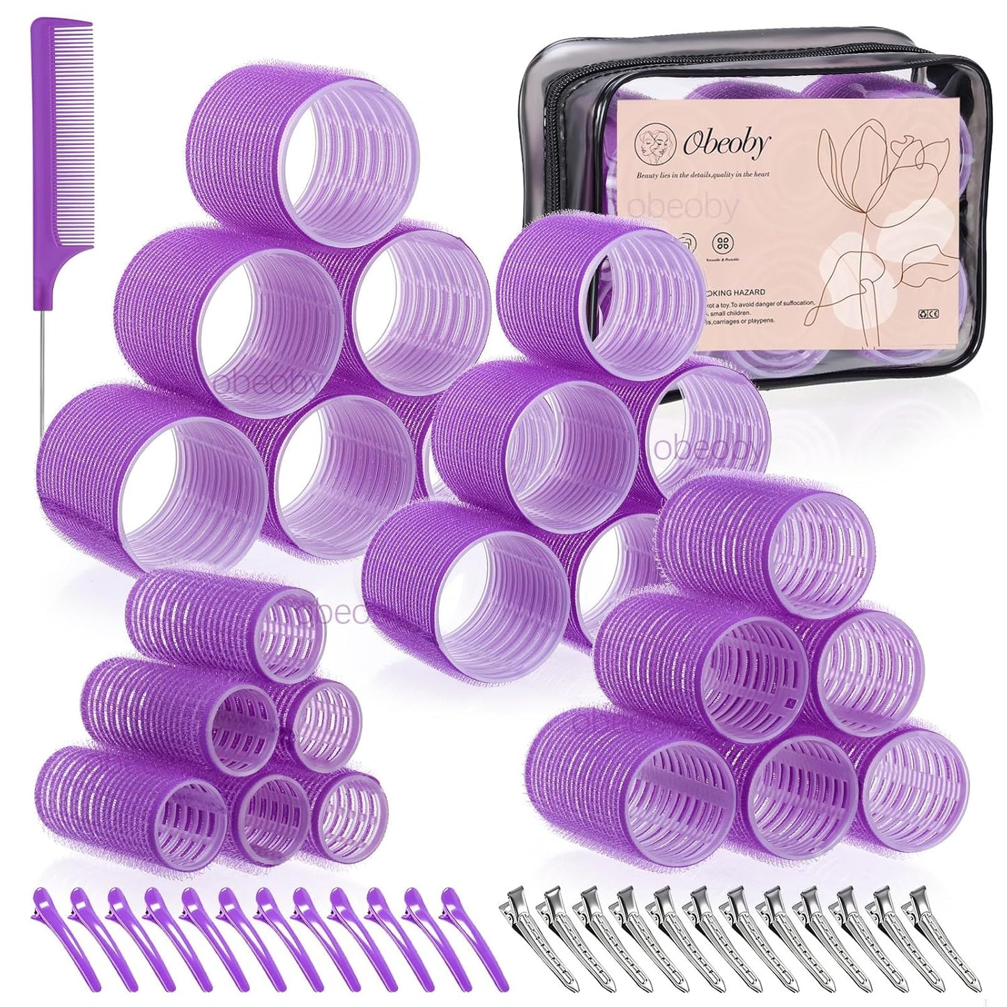 Self-Grip Hair Rollers Set - 50 Pcs for Long, Short Hair & Bangs | 4 Sizes (25mm, 36mm, 48mm, 60mm) - Pink