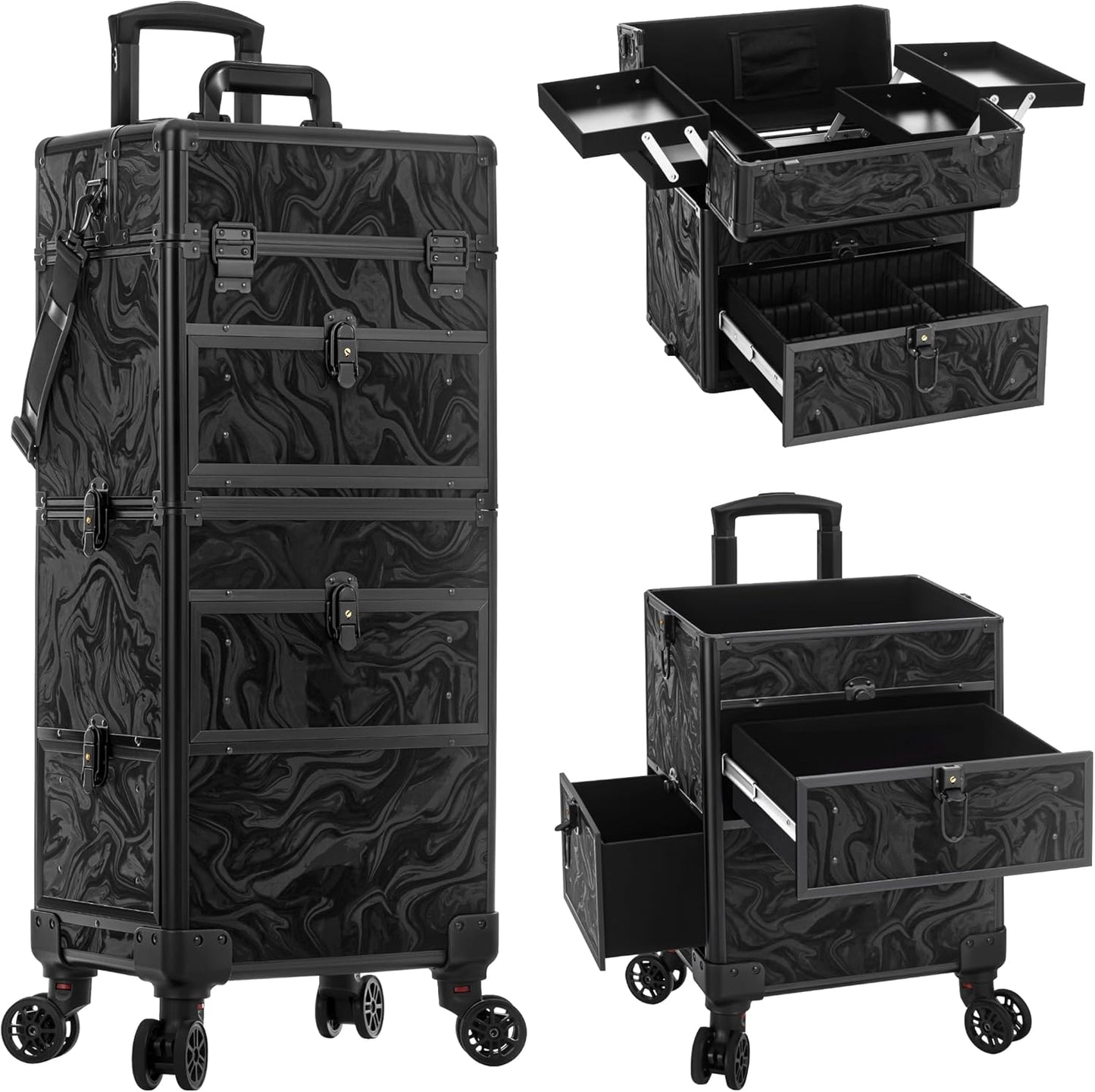 Rolling Makeup Case - 5-in-1 Cosmetology Organizer on Wheels | 3 Drawer Makeup Train Case in Ink Black