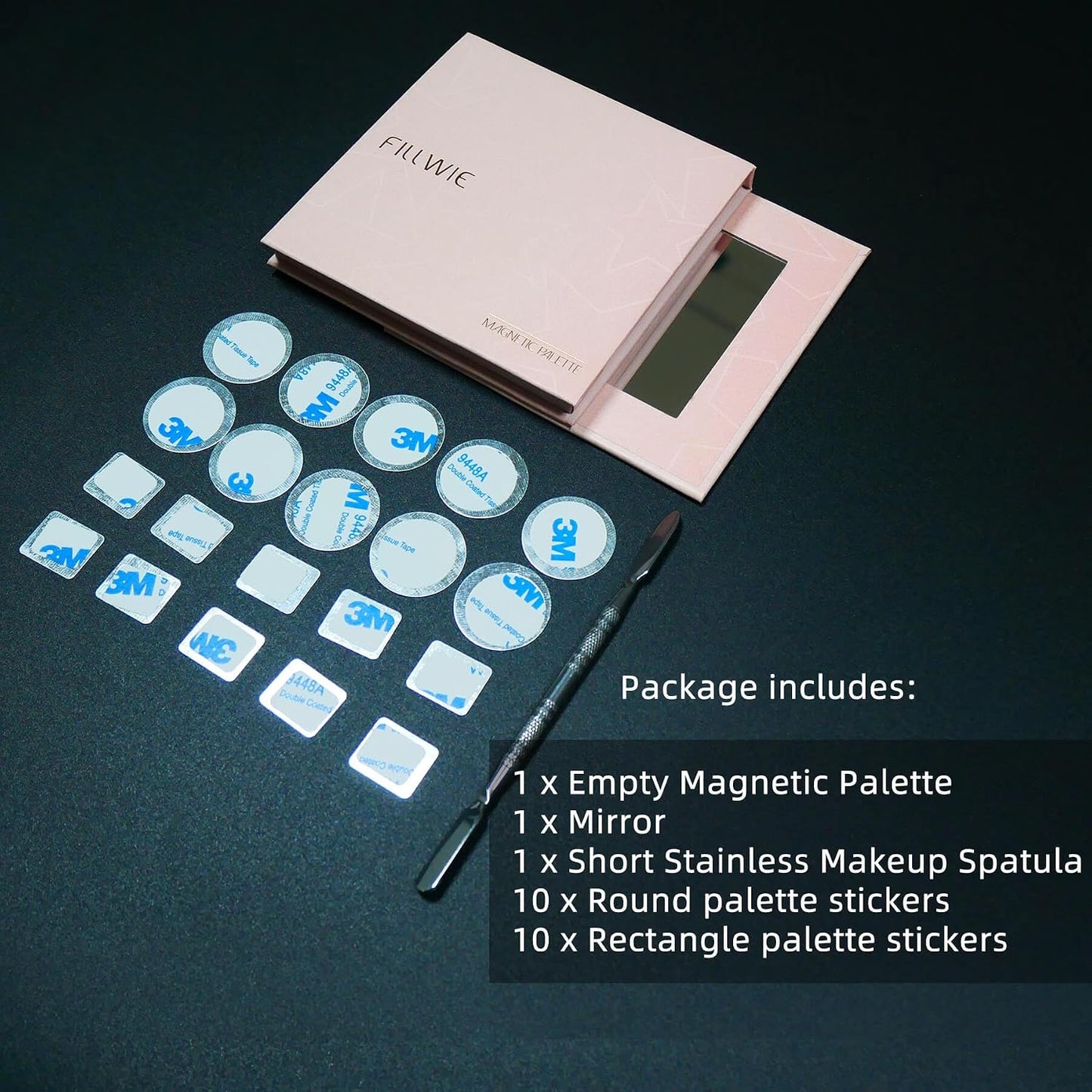 Magnetic Makeup Palette - Small Empty Cosmetic Organizer with Mirror & Spatula | Includes 20 Metal Stickers - Black