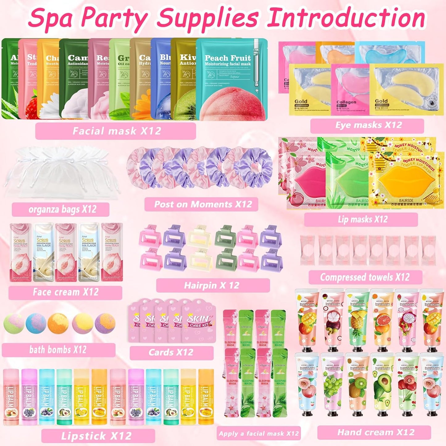 Spa Party Supplies - 156 PCS Spa Favors with Face Masks, Lip Balm & Under Eye Patches | Perfect for Bridal, Birthday & Sleepover Parties