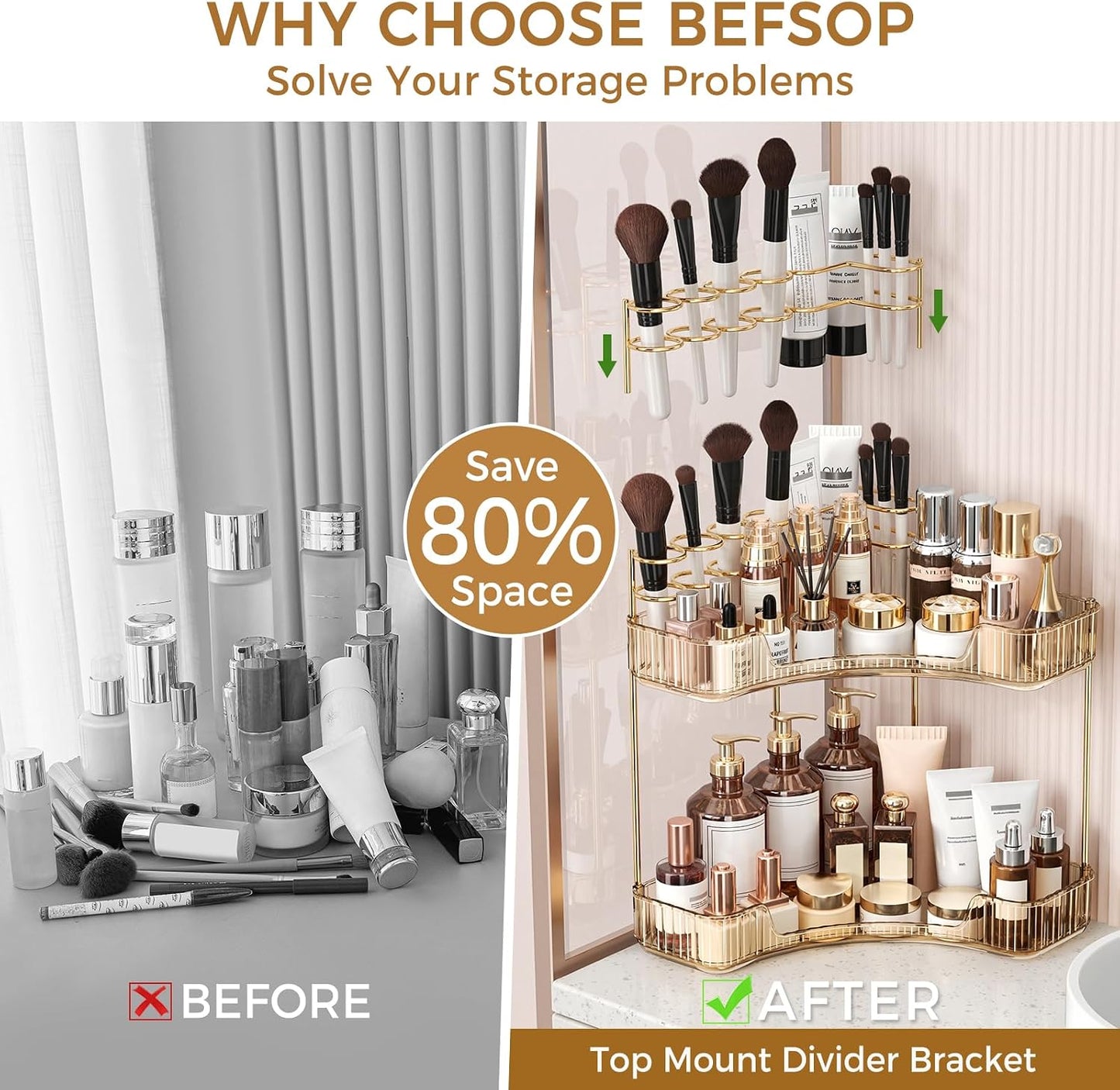 Corner Bathroom Counter Organizer - 2-Tier Makeup & Skincare Storage with Brush Holder | Gold Finish