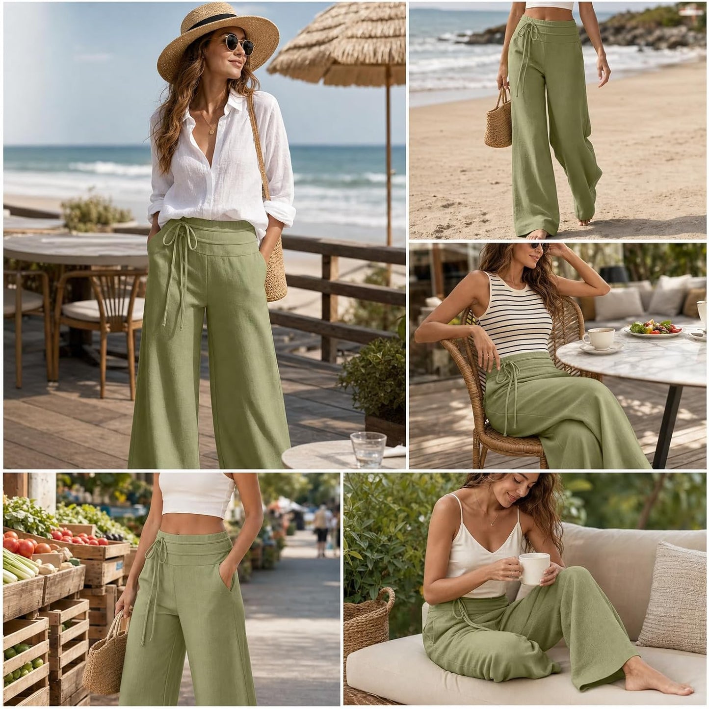Wide Leg Linen Pants for Women - Loose Flowy Palazzo Trousers | Summer Beach Vacation Wear