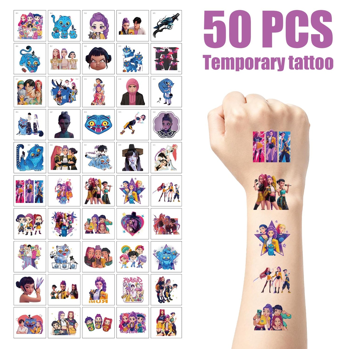 50Pcs Demon Movie Hunters Temporary Tattoos for Kids Korean Idol Huntrx,Saja Boys,Jinwoo,Rumi,Tiger Decal Temporary Tattoos Body Stickers for Birthday Party Decorations,DIY Activity Supplies
