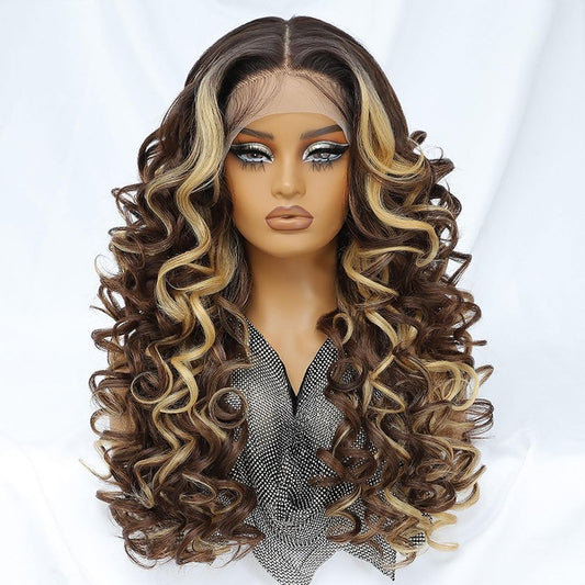 Felek Honey Blonde Wig Long Synthetic Loose Wave Lace Front Wigs for Black and White Women Ombre Brown 13x6 HD Transparent Lace Frontal Wigs Pre Plucked Wear and Go Glueless Curly Wig 24 inch P4/27