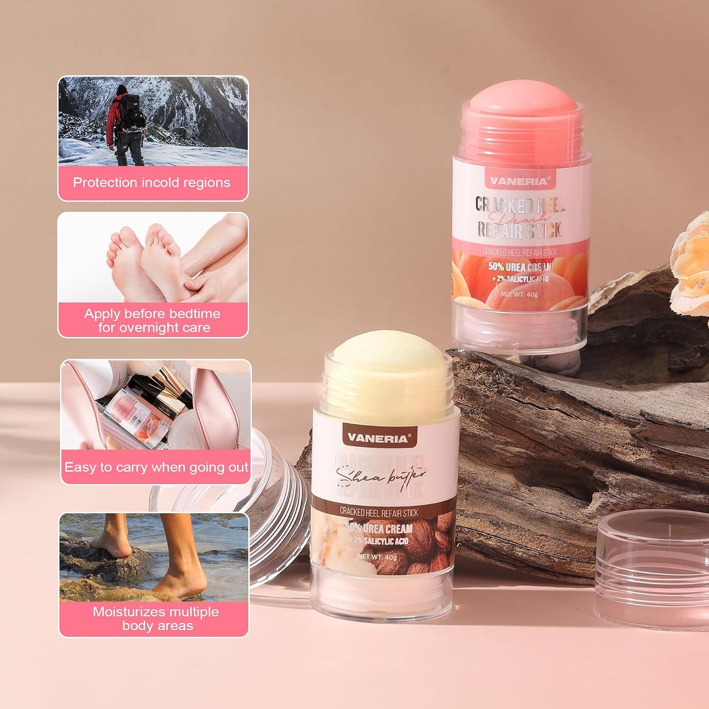 VANERIA 50% Urea Cream Stick - Cracked Heel Repair with 2% Salicylic Acid & Shea Butter | 40g Peach Scent