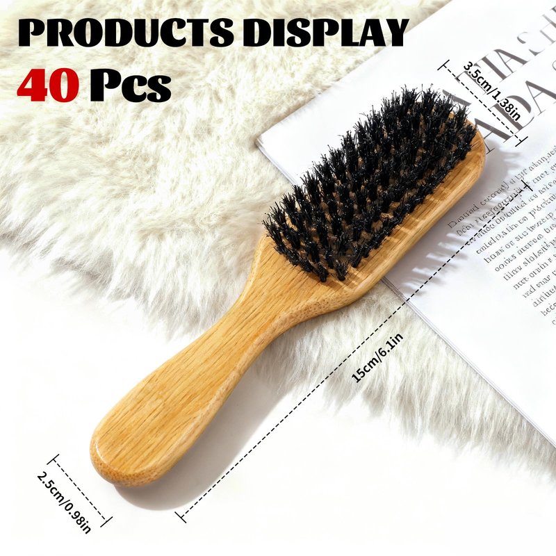 40 Pack Small Boar Bristle Hair Brush Bulk, Bamboo Handle -Slick Back Beard Brush, Hard Bristle Brush for Thick Hair, Curly, Frizz Control,Dual Use for Women & Men, Pet Grooming Cat & Dog