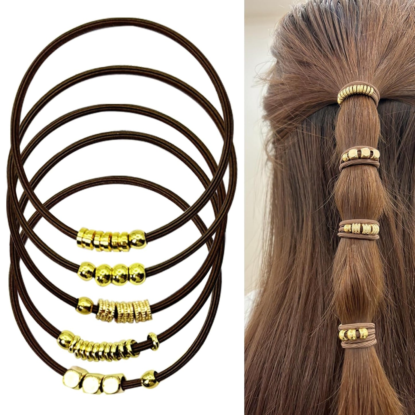 Blonde Boho Hair Ties Bracelet - Trendy Elastic Ponytail Holders with Gold Bead | Ideal for Thick, Thin, Curly Hair (Beige)