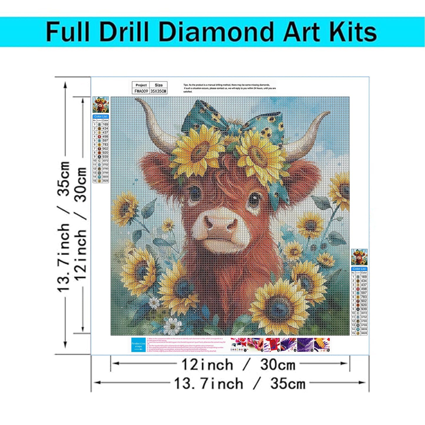 Gikboup 5D Diamond Painting Kits for Adults Beginners, Highland Cow Diamond Art Kit with Floral Bow, Full Round Drill Cute Farmhouse DIY Gem Painting for Home Wall Decor 13.7 x 13.7 Inch
