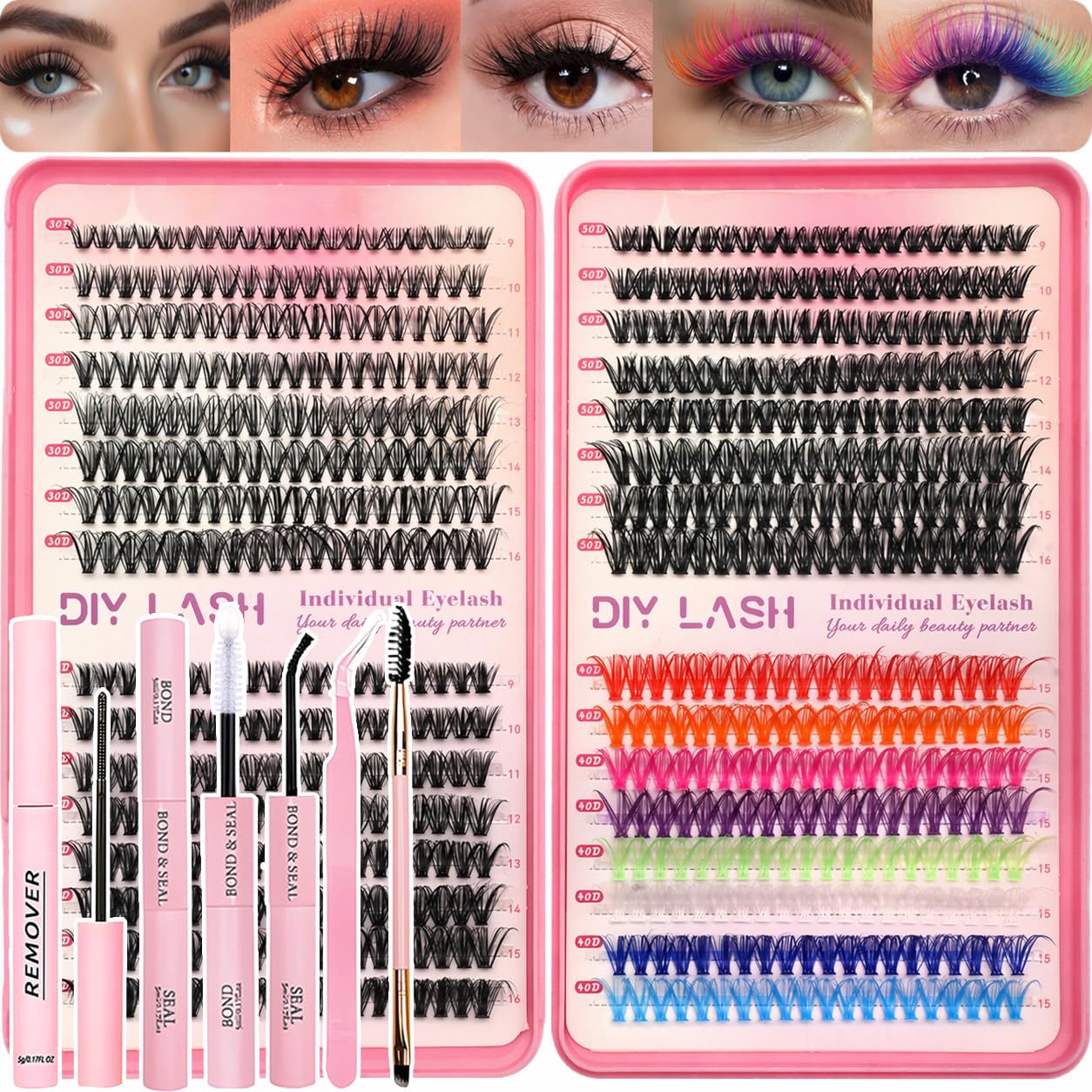Lash Clusters Kit - 640 Pcs Fluffy Wispy Individual Eyelashes 9-16mm D Curl | Thin Band with Tweezers & Bond Seal